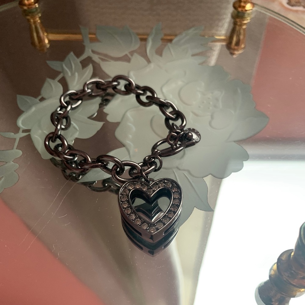 Black chain bracelet with heart bangle